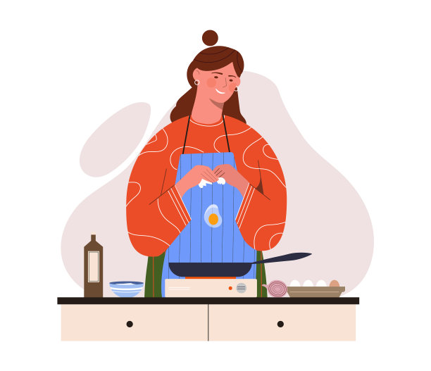 女孩在煎锅里做饭图片下载