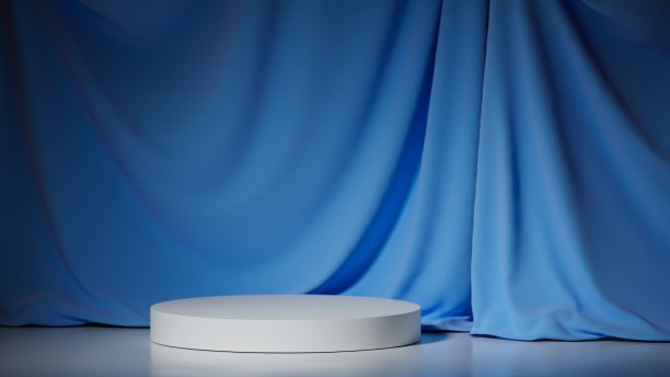 豪华的模拟平台与窗帘。背景用蓝色。现代化的产品或化妆品展示平台。3 d渲染插图。图片下载
