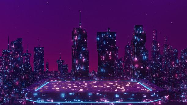 未来的夜晚城市复古赛博朋克效果3d渲染图片下载
