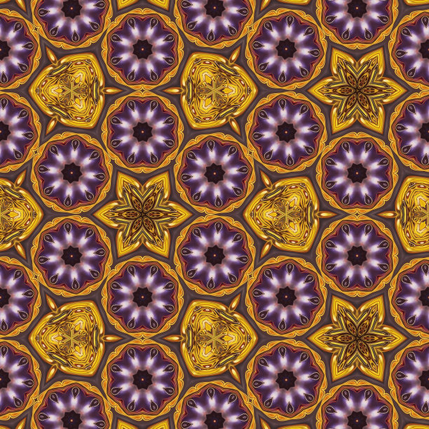 金属与金色绽放的花朵质感与霓虹灯混合的光泽色彩概念。万花筒形状设计，几何，极，螺旋和无缝图案图片下载