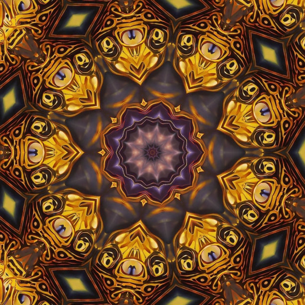 金属与金色绽放的花朵质感与霓虹灯混合的光泽色彩概念。万花筒形状设计，几何，极，螺旋和无缝图案图片下载