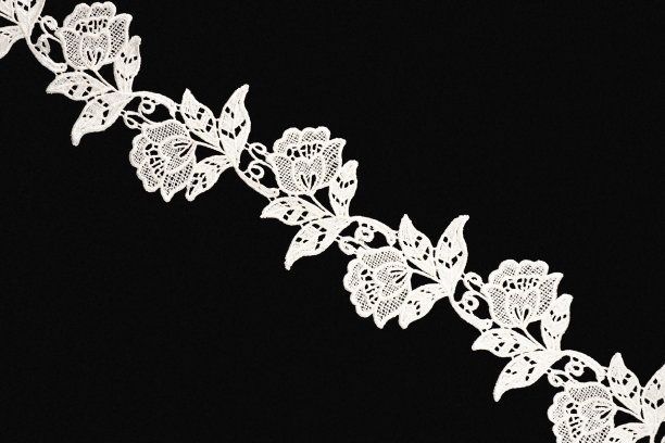白色花边花和叶子在黑色背景孤立。缝纫和面料概念图片下载