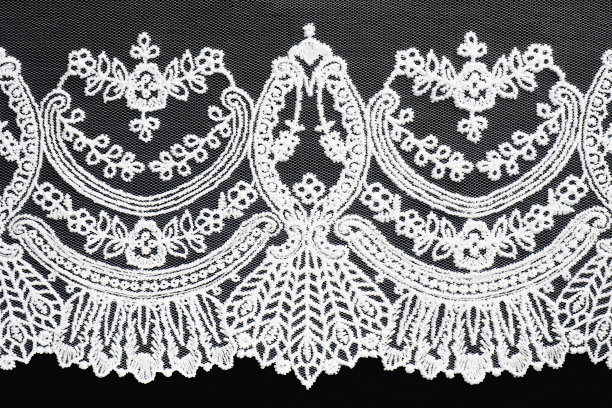 白色花边与一个美丽的图案在黑色背景孤立。缝纫和面料概念图片下载