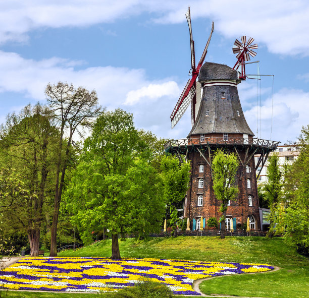 磨坊不莱梅，德国，绿色花园图片下载