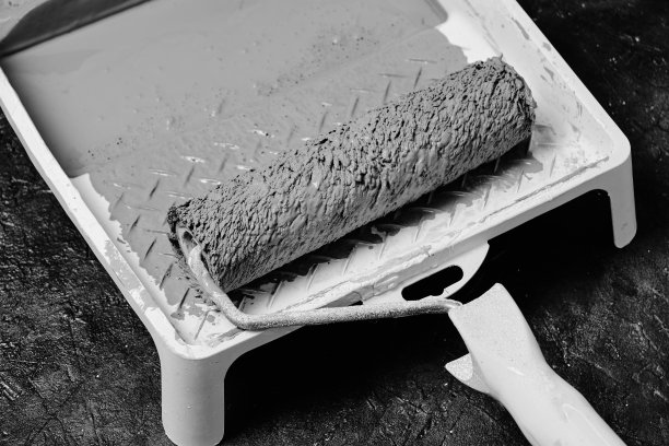 托盘上的油漆辊，用于混凝土地板上的灰色油漆辊。黑白照片。图片下载