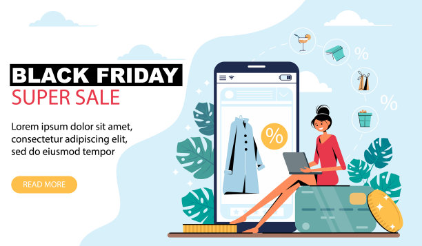 黑色星期五横幅上有个女人拿着笔记本电脑图片下载