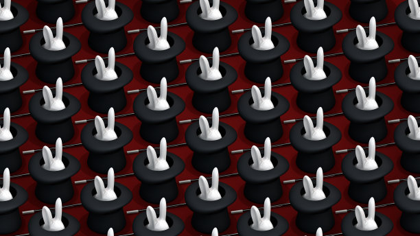 3D插图魔术师的大礼帽与可爱的兔子兔子和魔杖概念Abracadabra拉兔子从我的帽子Presto孤立的红色背景图片下载