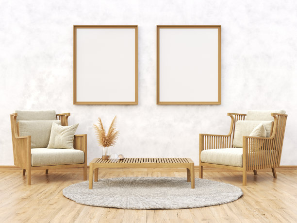 模拟海报框架与两个木制扶手椅在现代室内背景3D图片下载