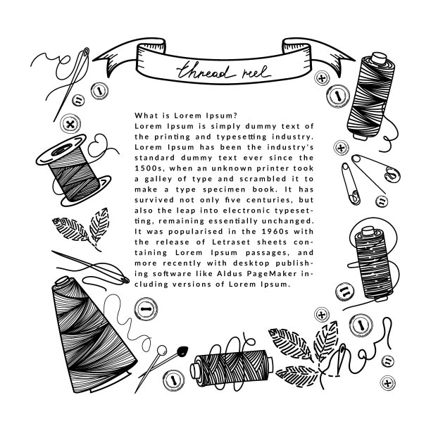 模板从一套缝纫线，手绘涂鸦在素描风格。元素周围的文本。侧风的线程。针和针。针和针。缝纫。线程。向量的简单说明。图片下载