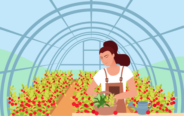 有一排排西红柿的大温室。农民工作。农业经营理念。可编辑的矢量图。图片下载