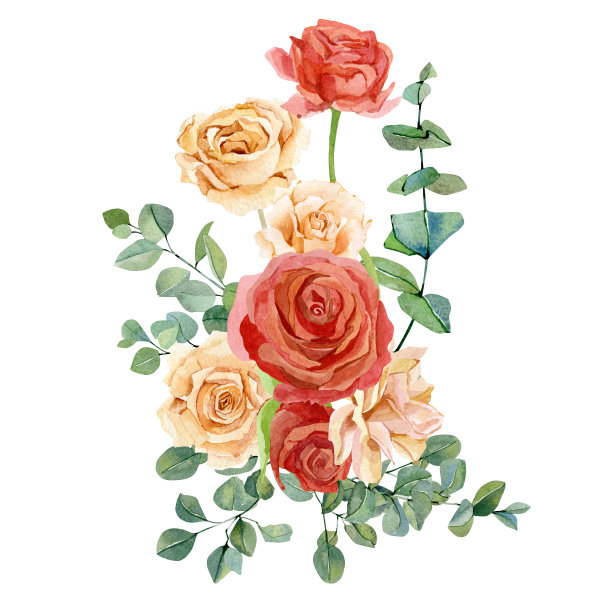 水彩花束，红色和桃花，玫瑰和牡丹，桉树叶。秋季花卉设计的婚礼邀请，新娘淋浴，婴儿淋浴图片下载