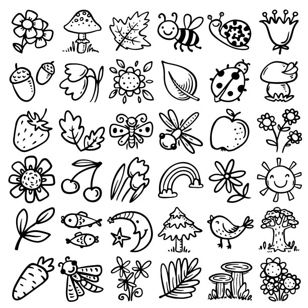 自然图案用手绘勾勒出树叶、花草、昆虫、动物等物体图片下载