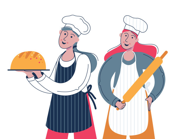 女面包师拿着盛有新鲜面包和擀面杖的盘子。穿着工作服的快乐的人们。在面包店工作的年轻女性。矢量插图在白色背景图片下载