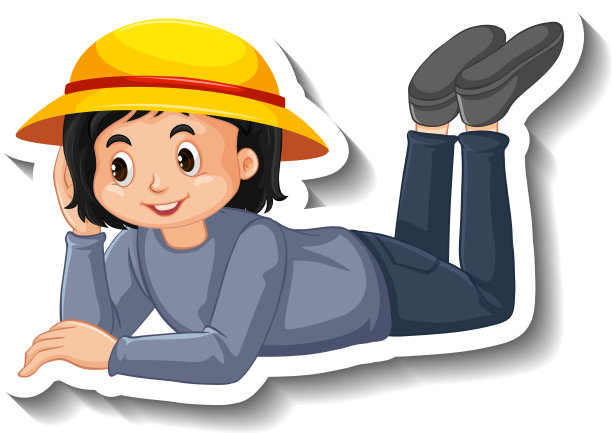 女孩躺在地上的卡通贴纸图片下载