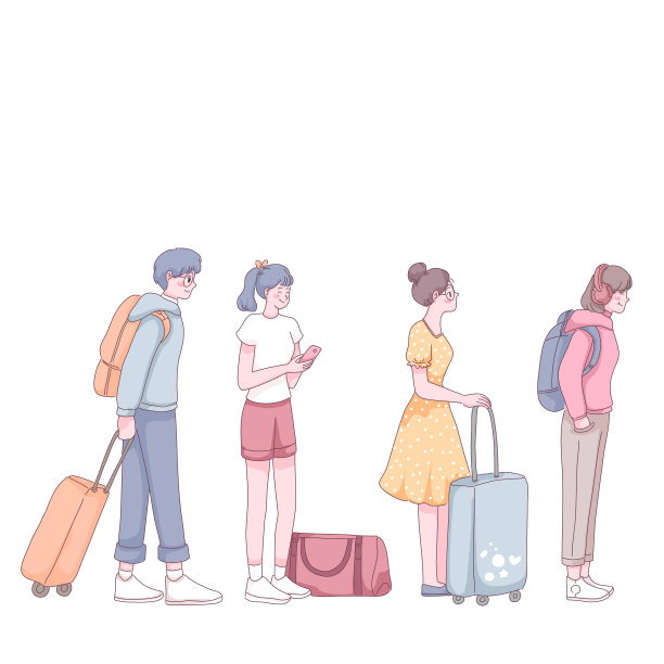 游客们排队登记卡通矢量插图图片下载