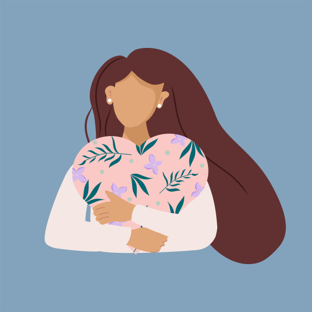 女孩抱着一颗大大的有植物图案的心。图片下载