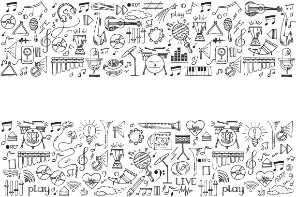 抽象的背景音乐，带录音机，圆形剪影。矢量涂鸦设置乐器。手绘插图图片下载