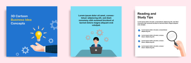 社交媒体教程，提示张贴横幅布局模板在3D卡通风格。经营理念发展理念图片下载