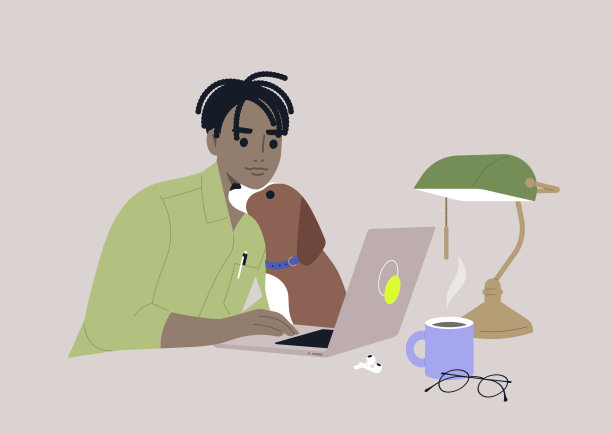 一个年轻的非洲男性角色抱着他们的狗狗在笔记本电脑上工作，这是一个在家工作的概念图片下载