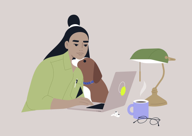 一个年轻的亚洲女性角色抱着他们的狗狗在笔记本电脑上工作，这是一个在家工作的概念图片下载