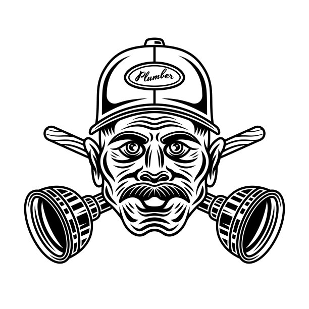 管道工与胡子在帽子和两个交叉活塞矢量插图单色复古风格孤立在白色背景图片下载