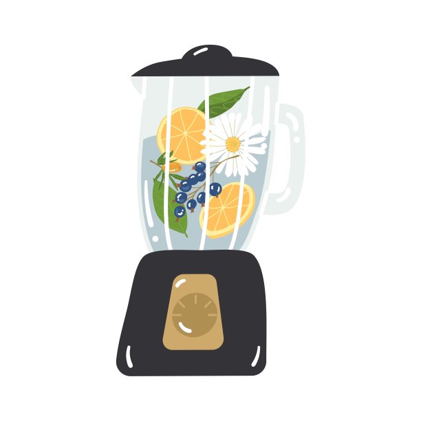 搅拌机内加入柠檬片、甘菊和浆果。混合鸡尾酒，冰沙，健康食品。城市咖啡馆的家具。平面风格的矢量插图。孤立的元素。图片下载