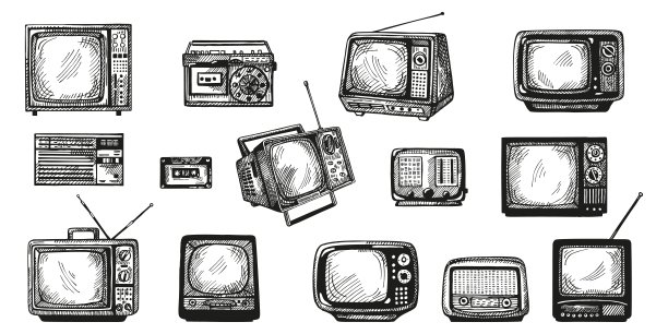 将复古雕刻设备隔离在白色背景上。复古电视，收音机和音乐卡带手绘风格。素描媒体设备。图片下载