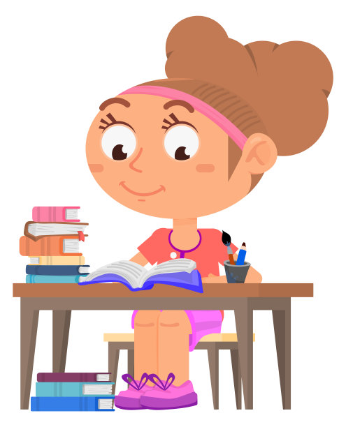 孩子学习。女孩坐在书桌前，堆着书图片下载