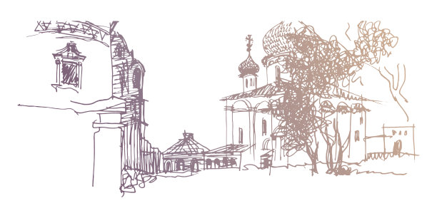 俄罗斯修道院的后院，用木瓦盖着洋葱圆顶的教堂，老房子成了废墟。金色矢量描画图片下载