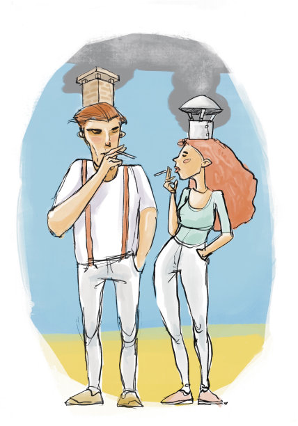 吸烟的男孩和女孩的头顶上有一个烟囱。手绘插图。图片下载