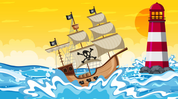 日落时的海洋场景与海盗船在卡通风格图片下载