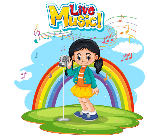 现场音乐标志与一个女孩唱歌的彩虹背景图片下载