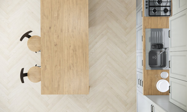 3d渲染厨房室内设计和装饰，木岛和柜台俯视图。3d渲染俯视图最小厨房。图片下载