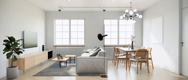 模拟工作室公寓房间的室内设计和装饰在简约和现代的日本风格，木地板和空白的画布框架在墙上。3d渲染客厅和餐厅室内。图片下载
