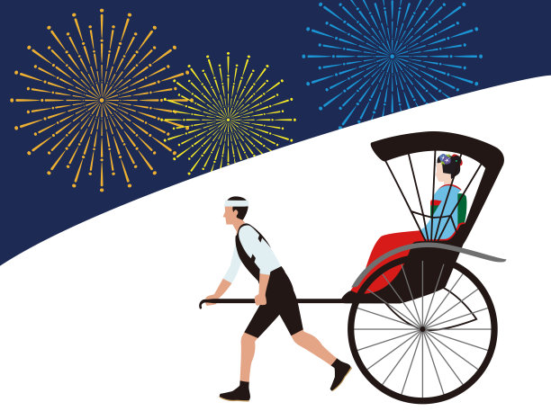 夏日焰火、人力车、和服女子。日本风格的插图图片下载