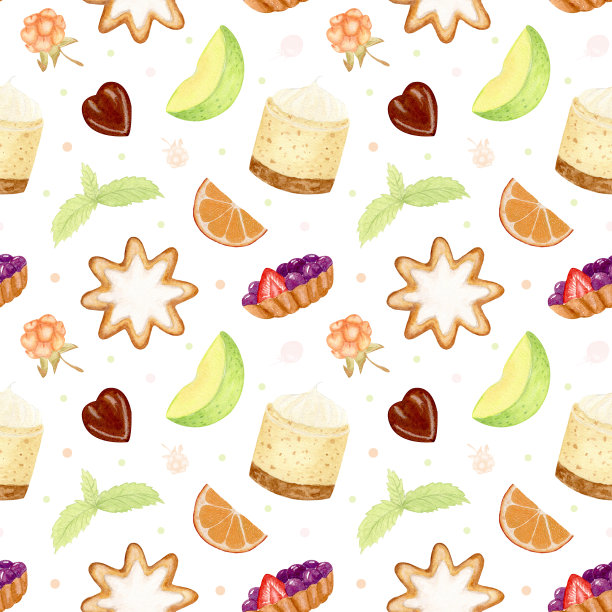 水彩无缝图案与蛋糕。图案柑橘片，薄荷叶，姜饼，巧克力糖果。自制烘焙和甜点。精美的菜单、甜品包装和剪贴簿设计。图片下载