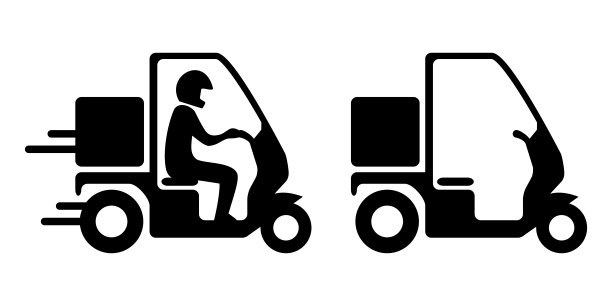 送货员的矢量图标黑色和白色的材料，送快递在摩托车上的高速图片下载