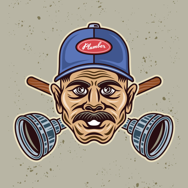 管道工与胡子在帽子和两个交叉柱塞矢量插图在彩色卡通风格孤立在光背景图片下载
