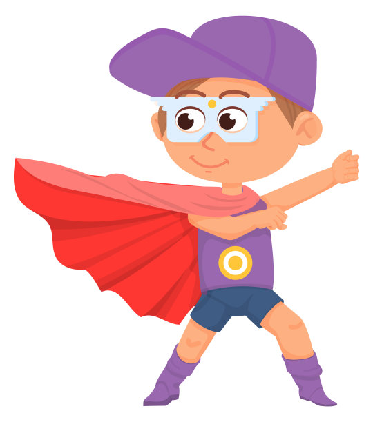 穿着英雄红色斗篷的滑稽男孩。孩子聚会服装图片下载