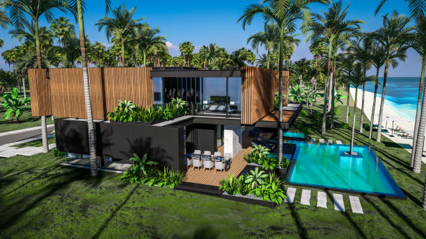 3d渲染现代住宅与木板立面的大海或海洋图片下载