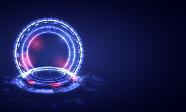 传送门和全息影像科学的未来。科幻数字高科技在发光HUD投影仪。为记者绕行传送台和舞台。GUI和UI虚拟现实。产品展示背景图片下载