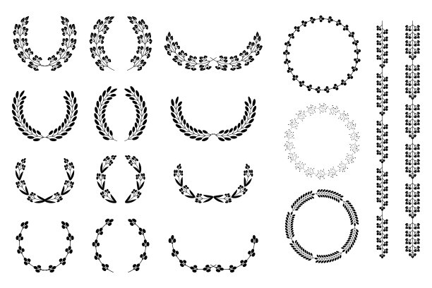 带花圈的复古皇家套装。奖杯套装。花卉分支。和平符号。获奖证书。矢量素材。图片下载