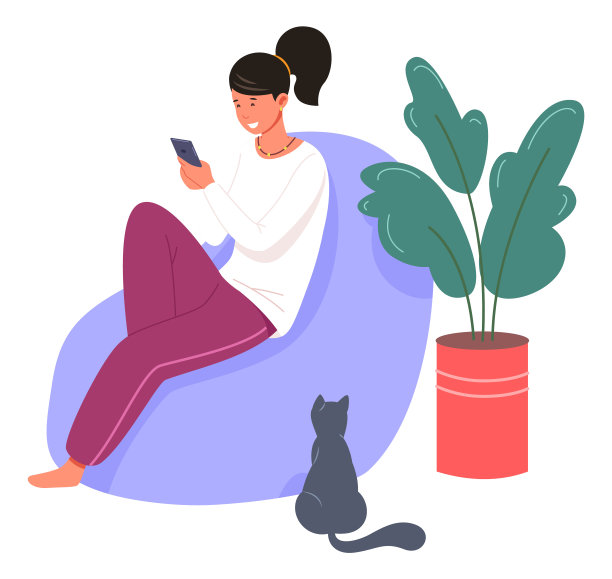 年轻女子坐在椅子上用智能手机。社交媒体上瘾图片下载