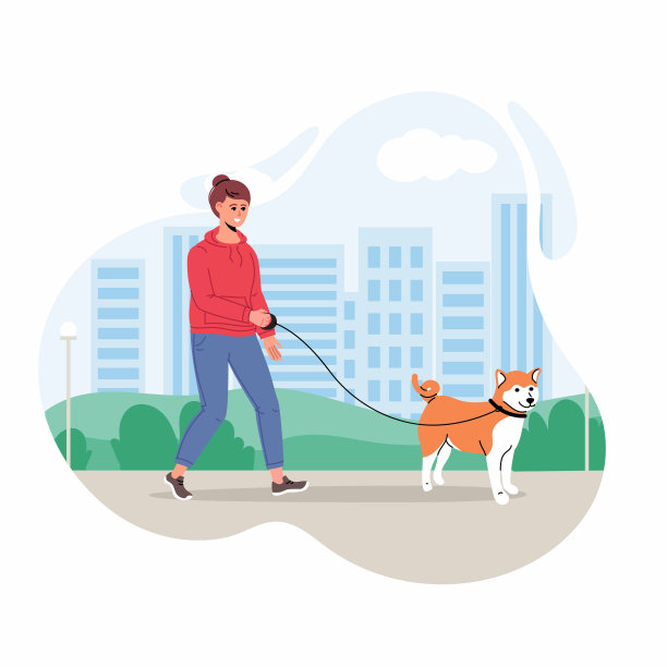 一名女子牵着宠物在城市公园散步。矢量平面插图。女性带着狗在街上散步图片下载
