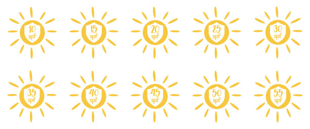 一套简单的平面防晒图标防晒包装。防晒系数:10、15、20、25、30、35、40、45、50、55。向量图片下载
