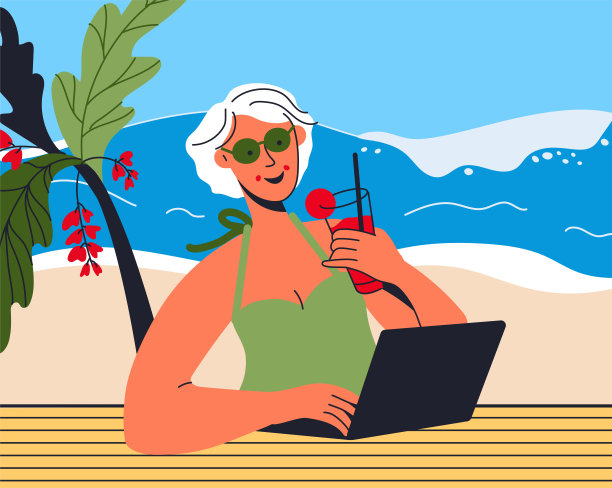 女人在沙滩上工作，喝鸡尾酒，用笔记本电脑。自由职业，度假，在外工作，沟通理念图片下载