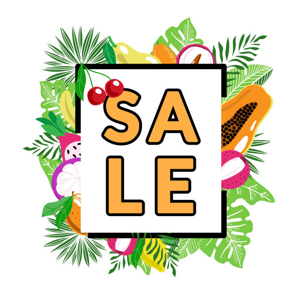 框架装饰着水果和热带棕榈叶，怪物和手绘胡萝卜元素。木瓜、荔枝、山竹等。放置你的信息。矢量插图。图片下载