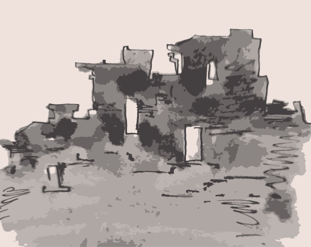 水彩画剪影废墟图片下载