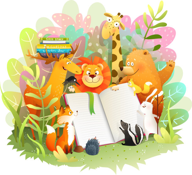 熊和动物们在森林里读故事书图片下载