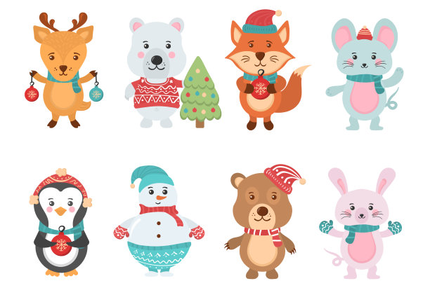 一套可爱的圣诞动物雪人角色图片下载